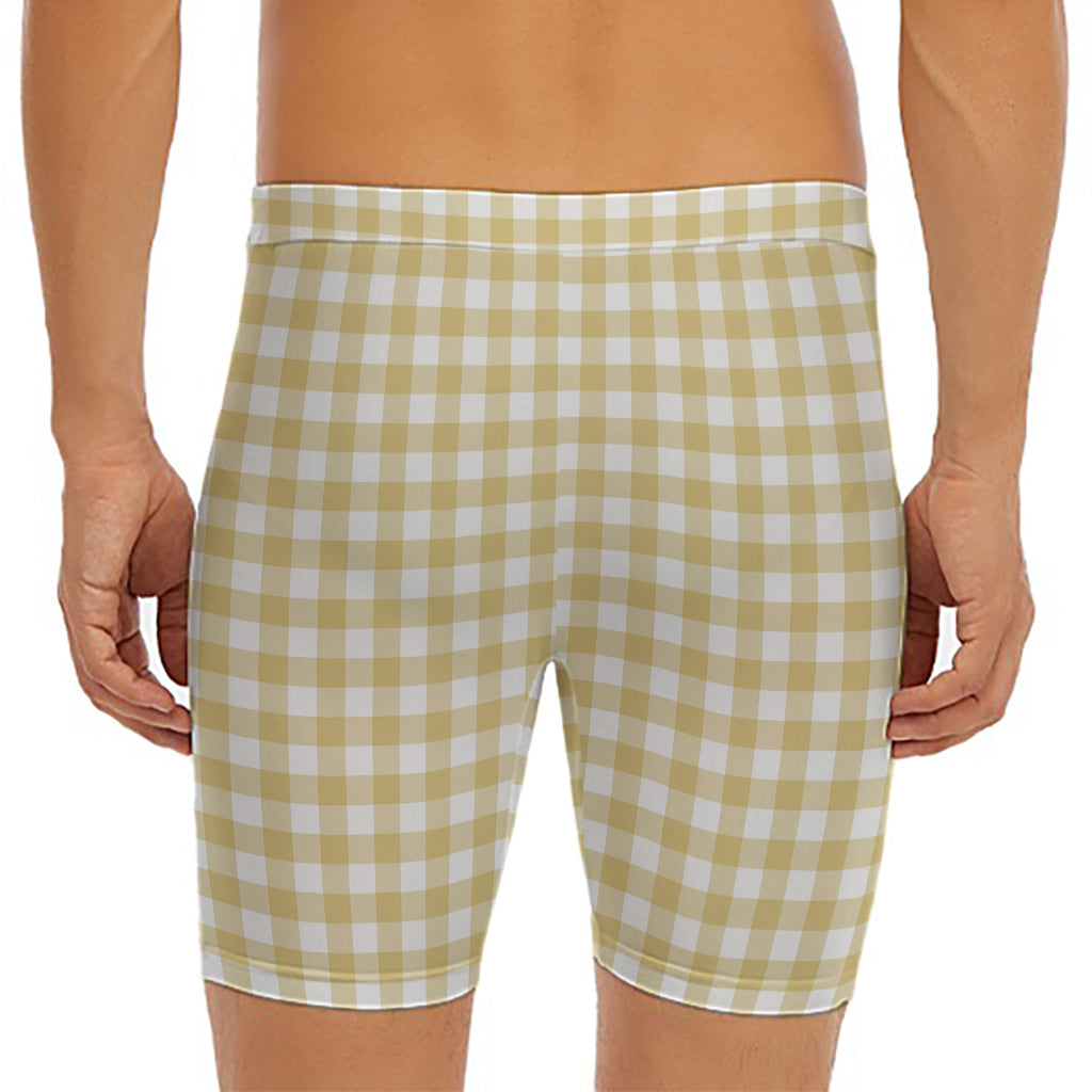 Beige And White Check Pattern Print Men's Long Boxer Briefs