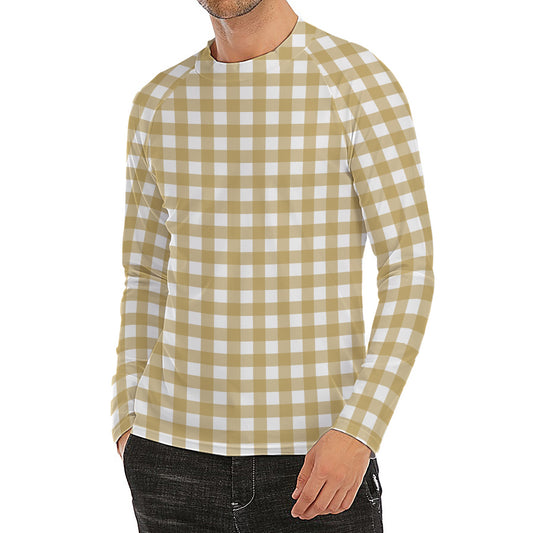 Beige And White Check Pattern Print Men's Long Sleeve Rash Guard
