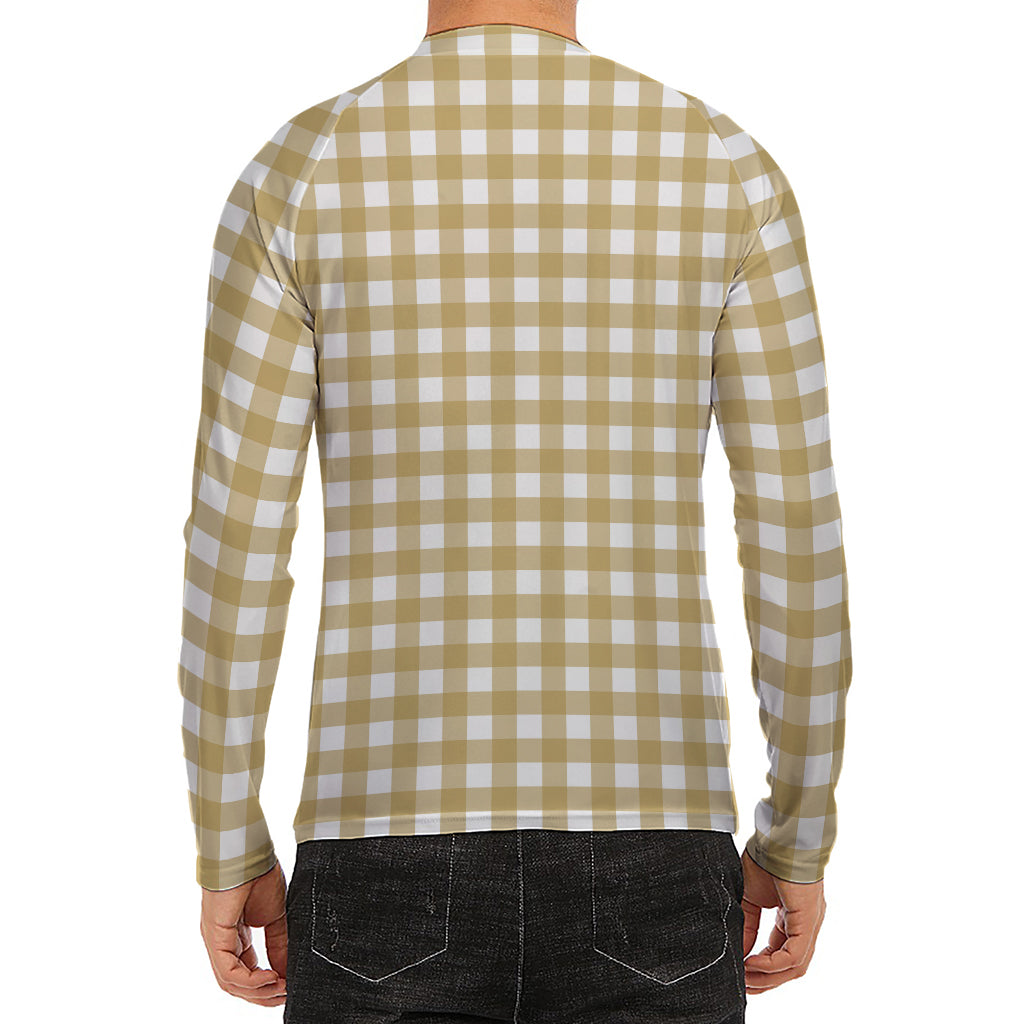 Beige And White Check Pattern Print Men's Long Sleeve Rash Guard
