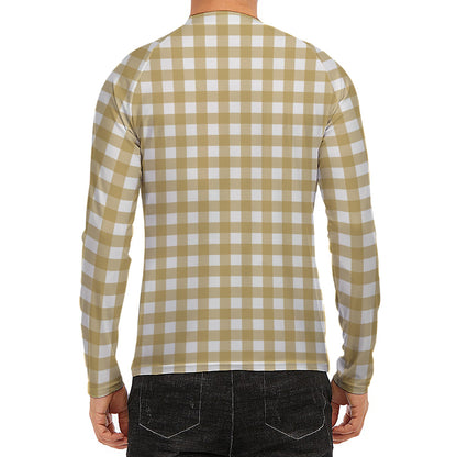 Beige And White Check Pattern Print Men's Long Sleeve Rash Guard