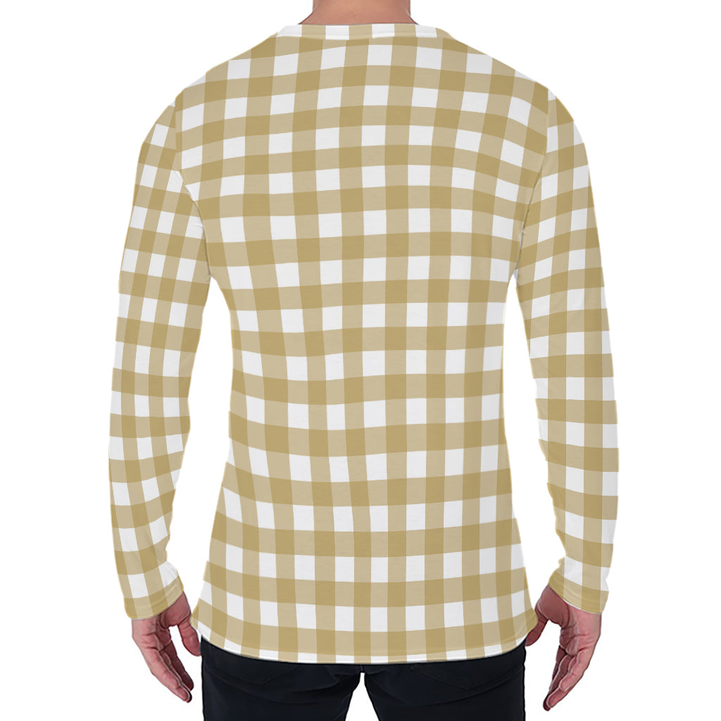 Beige And White Check Pattern Print Men's Long Sleeve T-Shirt