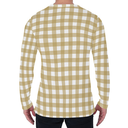 Beige And White Check Pattern Print Men's Long Sleeve T-Shirt