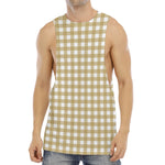 Beige And White Check Pattern Print Men's Muscle Tank Top