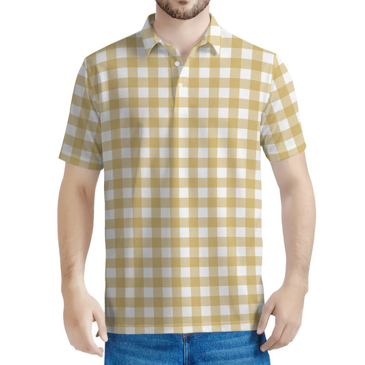 Beige And White Check Pattern Print Men's Polo Shirt