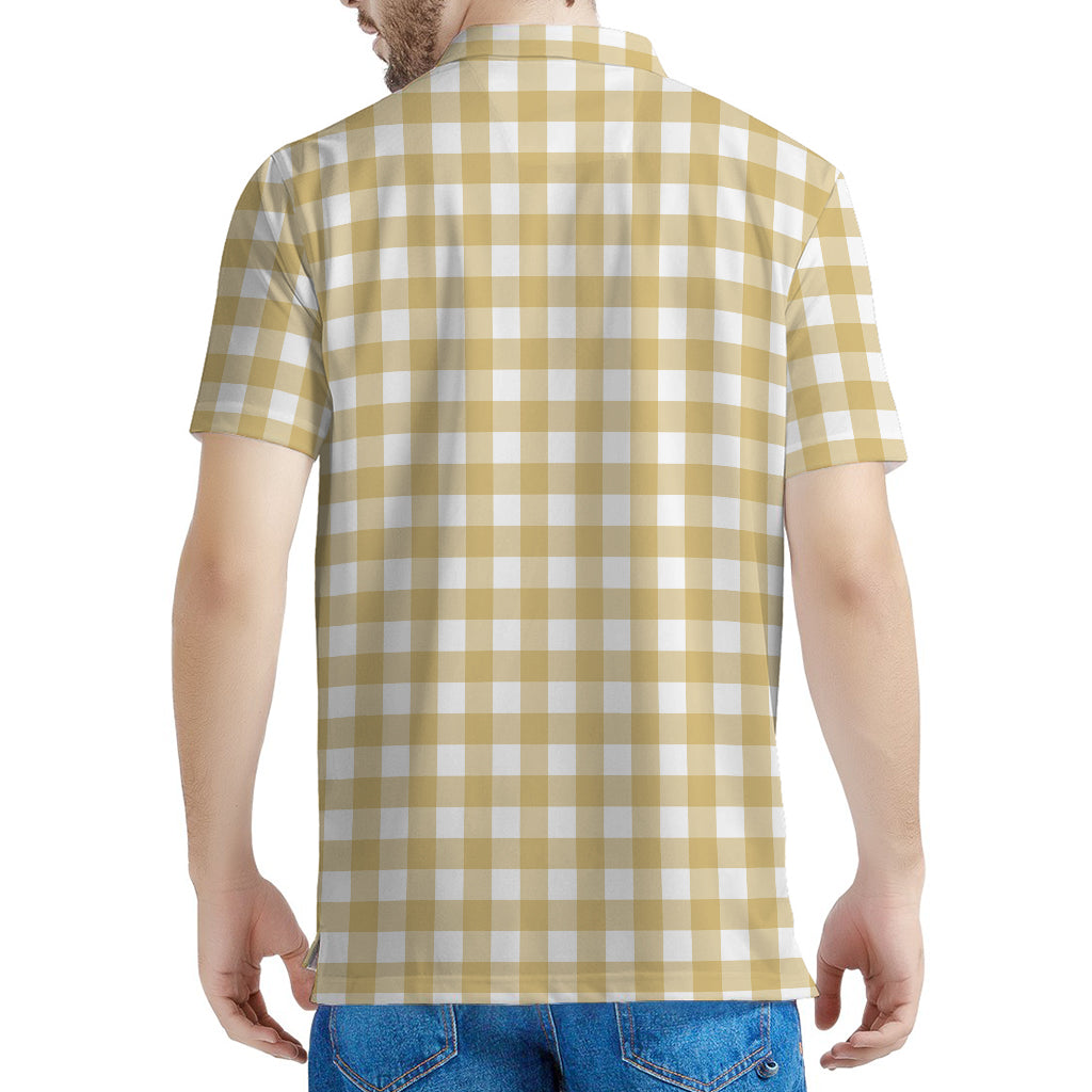 Beige And White Check Pattern Print Men's Polo Shirt