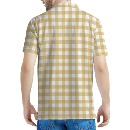 Beige And White Check Pattern Print Men's Polo Shirt