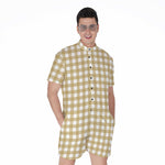 Beige And White Check Pattern Print Men's Rompers