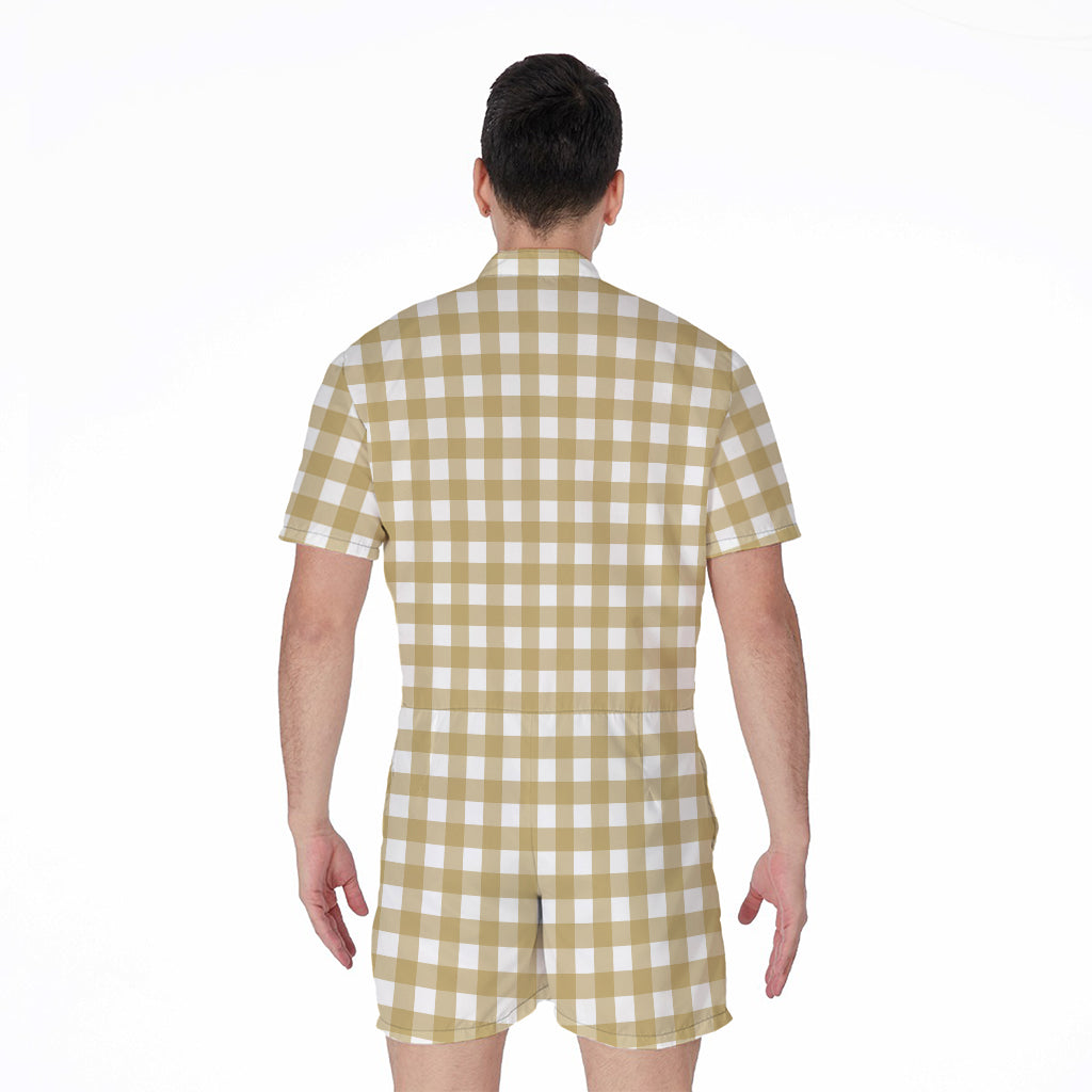 Beige And White Check Pattern Print Men's Rompers