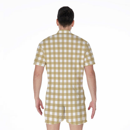 Beige And White Check Pattern Print Men's Rompers