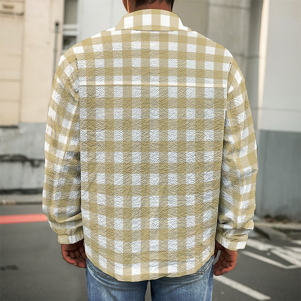 Beige And White Check Pattern Print Men's Shirt Jacket