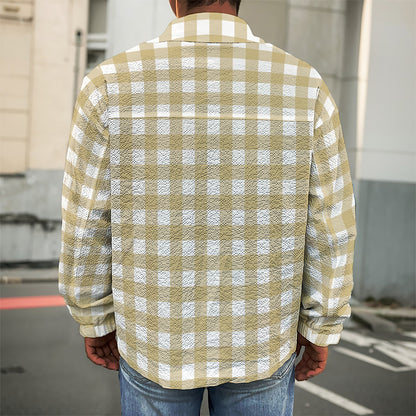 Beige And White Check Pattern Print Men's Shirt Jacket