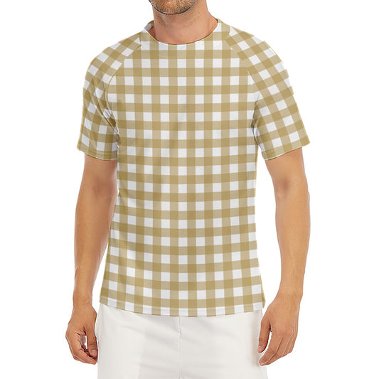 Beige And White Check Pattern Print Men's Short Sleeve Rash Guard