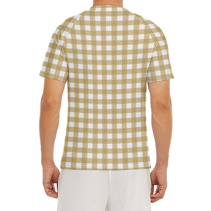 Beige And White Check Pattern Print Men's Short Sleeve Rash Guard