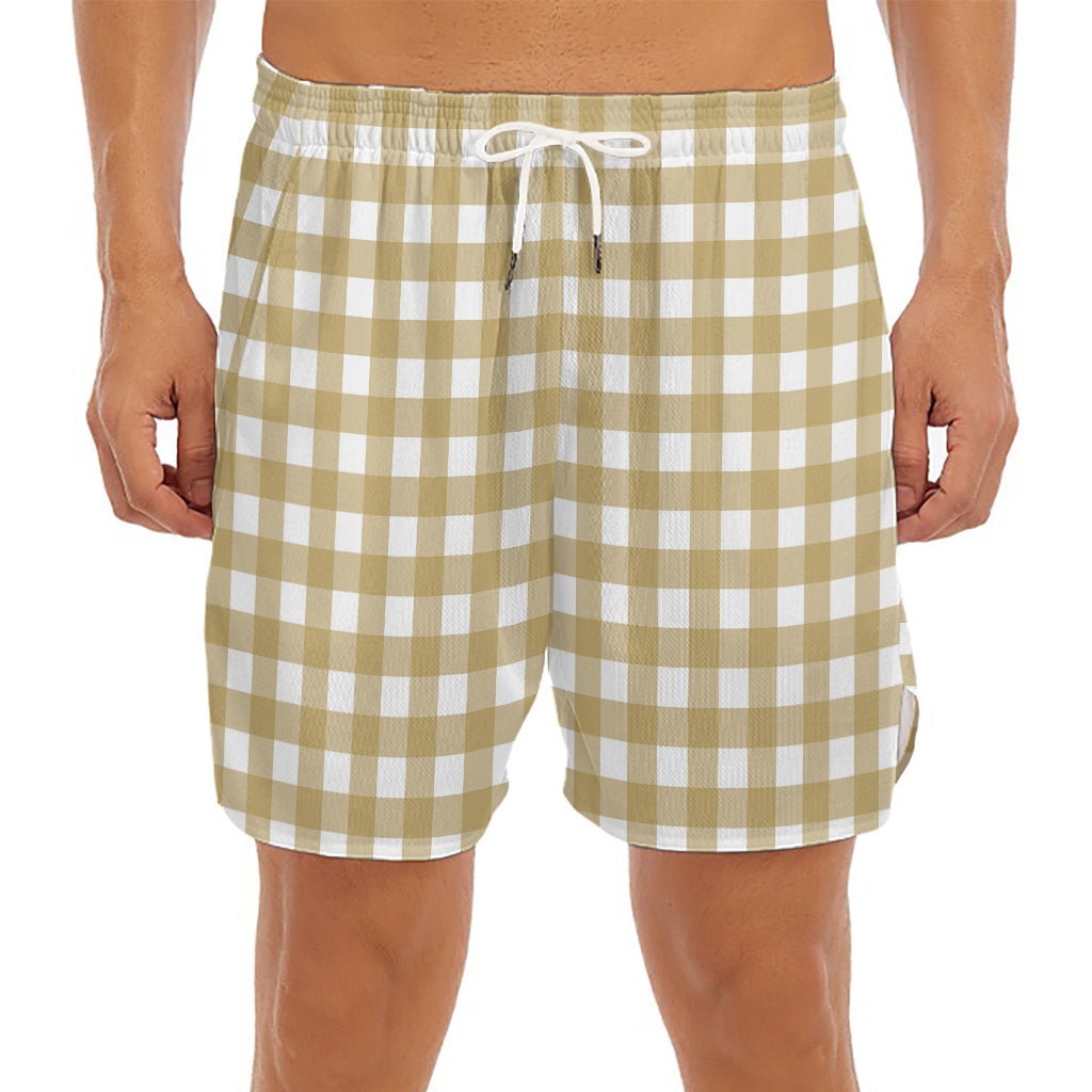 Beige And White Check Pattern Print Men's Split Running Shorts