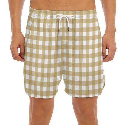 Beige And White Check Pattern Print Men's Split Running Shorts