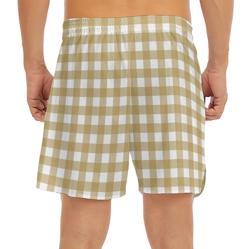 Beige And White Check Pattern Print Men's Split Running Shorts