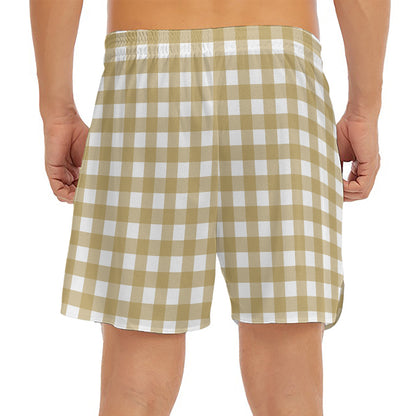 Beige And White Check Pattern Print Men's Split Running Shorts