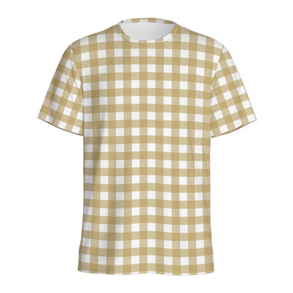 Beige And White Check Pattern Print Men's Sports T-Shirt