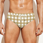 Beige And White Check Pattern Print Men's Swim Briefs