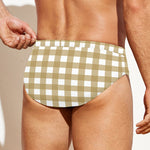 Beige And White Check Pattern Print Men's Swim Briefs