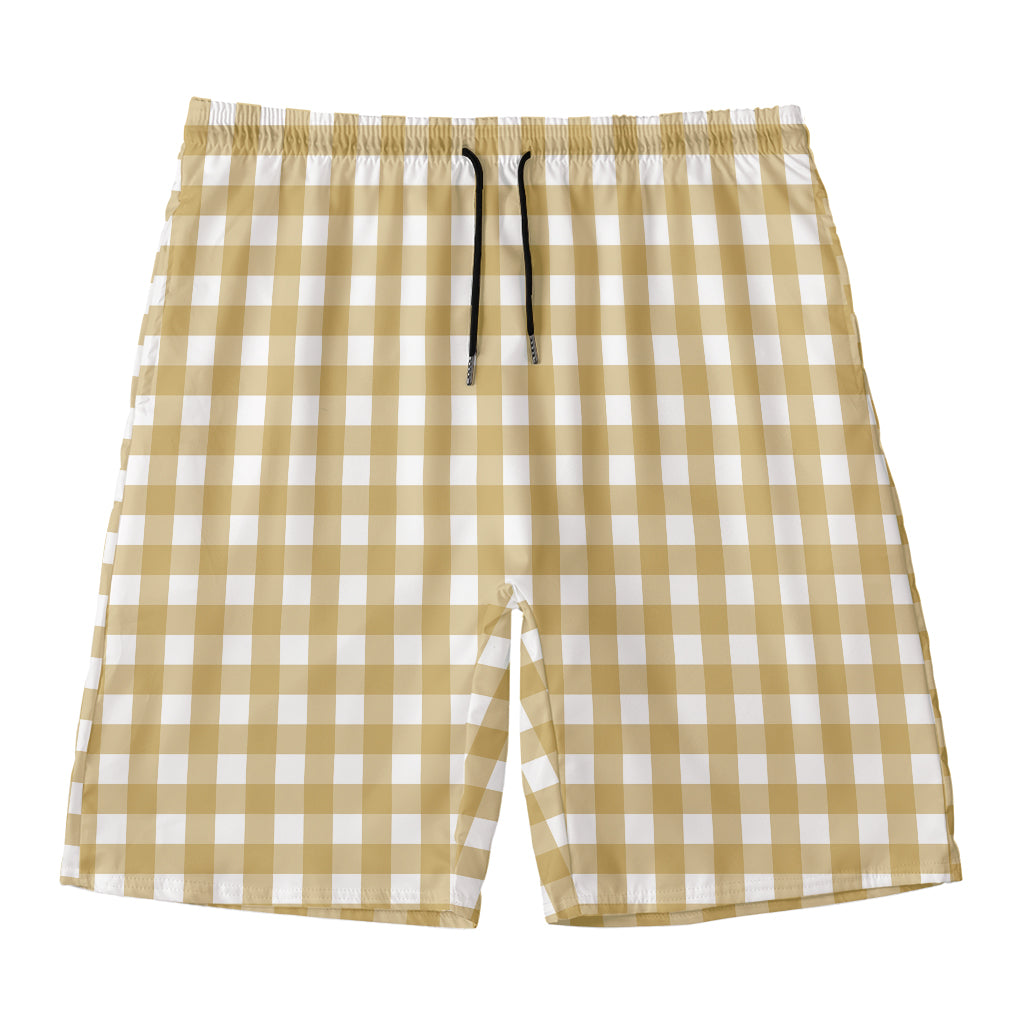 Beige And White Check Pattern Print Men's Swim Trunks