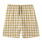 Beige And White Check Pattern Print Men's Swim Trunks