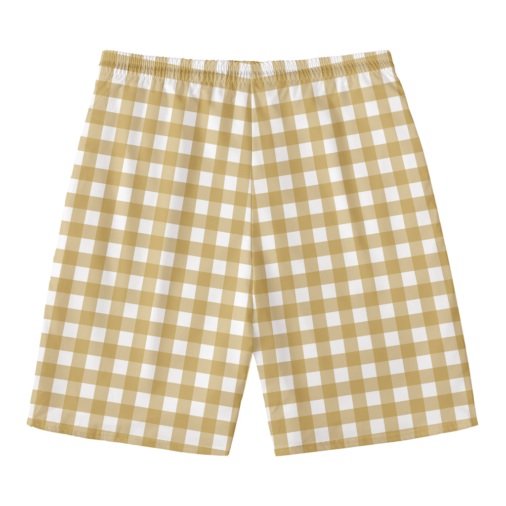 Beige And White Check Pattern Print Men's Swim Trunks
