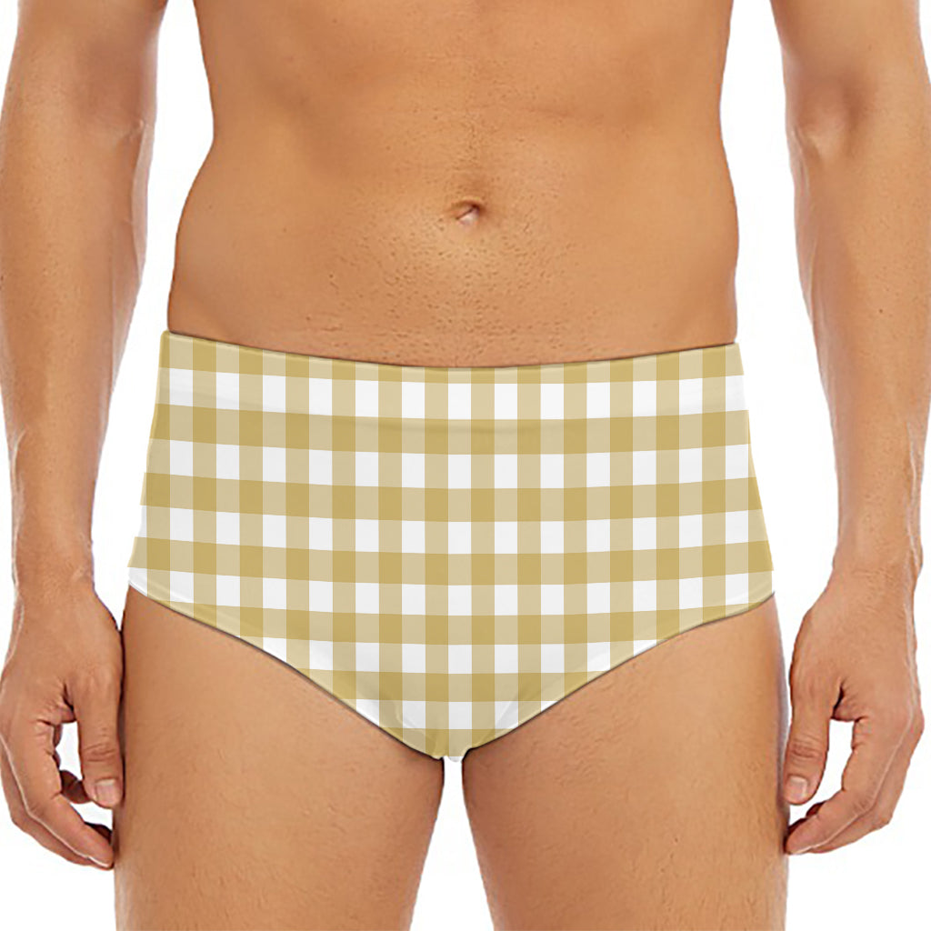 Beige And White Check Pattern Print Men's Triangle Swim Briefs