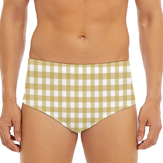 Beige And White Check Pattern Print Men's Triangle Swim Briefs