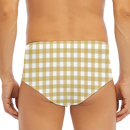 Beige And White Check Pattern Print Men's Triangle Swim Briefs