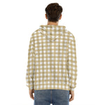 Beige And White Check Pattern Print Men's Velvet Pullover Hoodie