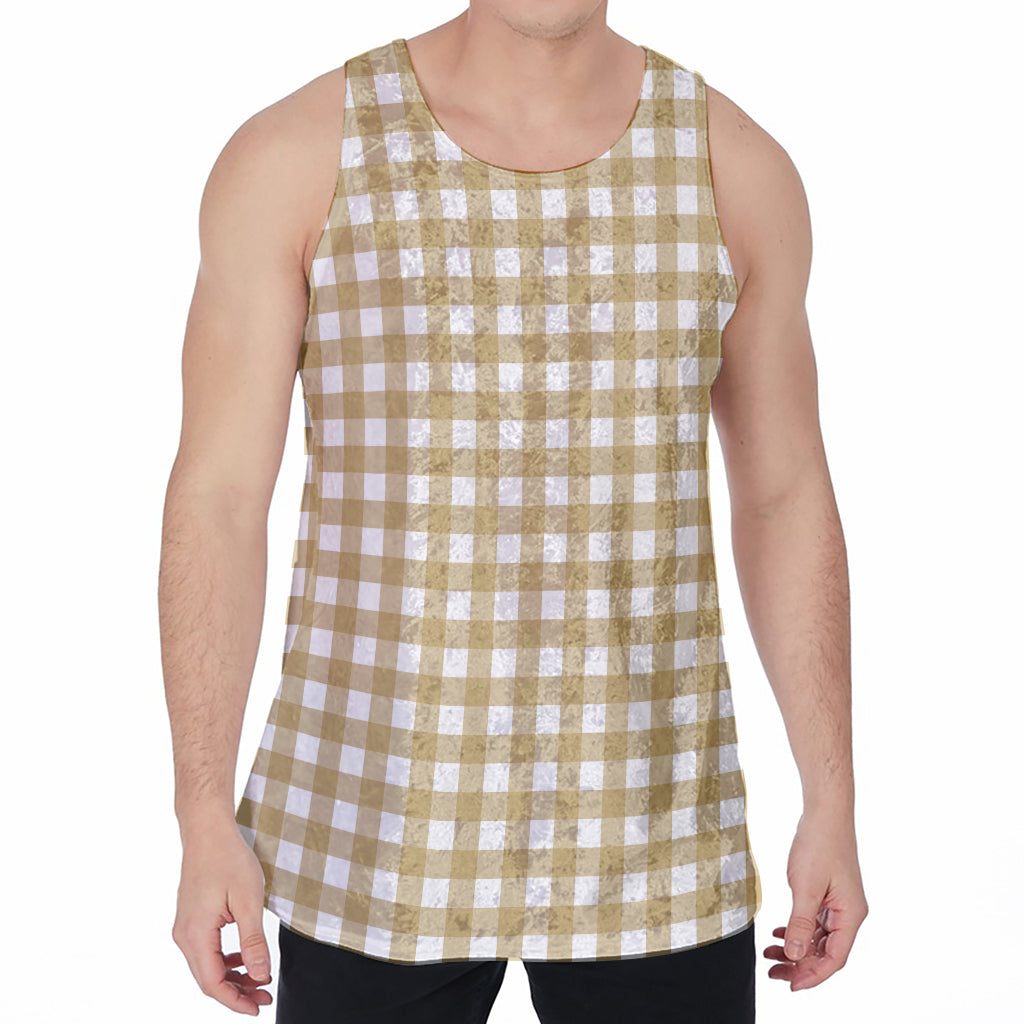 Beige And White Check Pattern Print Men's Velvet Tank Top