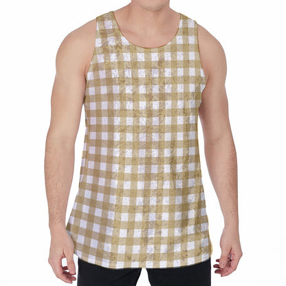 Beige And White Check Pattern Print Men's Velvet Tank Top