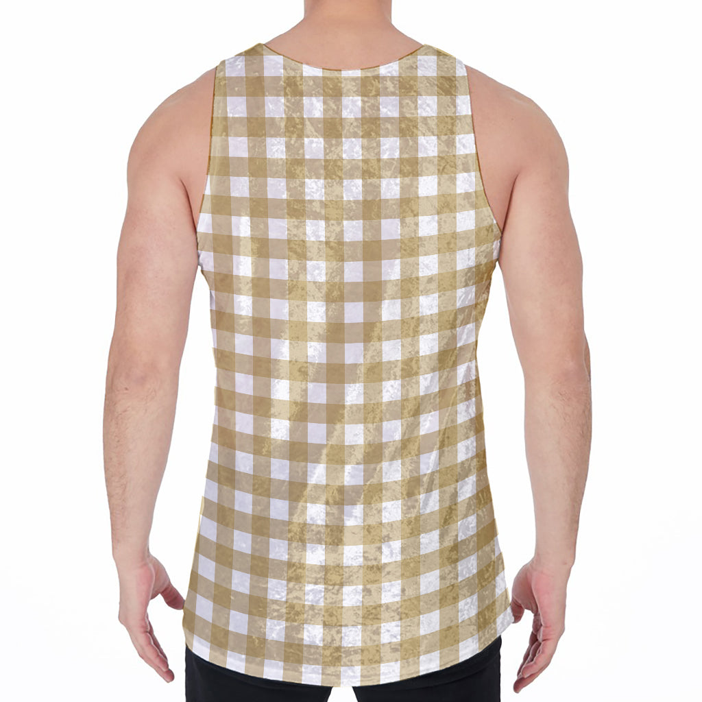 Beige And White Check Pattern Print Men's Velvet Tank Top