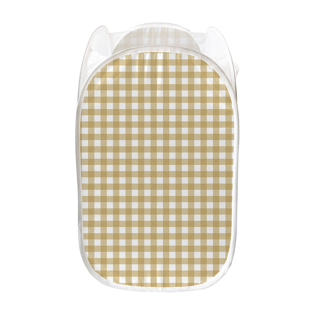 Beige And White Check Pattern Print Mesh Laundry Hamper