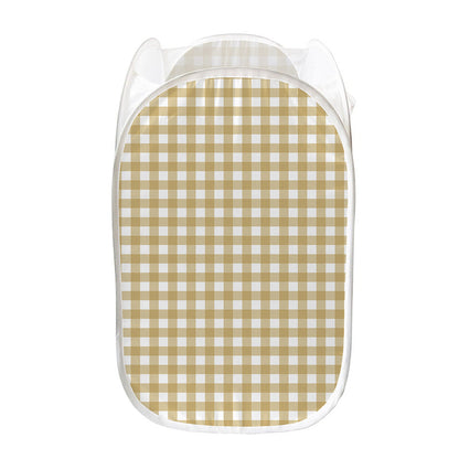 Beige And White Check Pattern Print Mesh Laundry Hamper