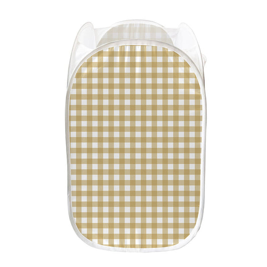 Beige And White Check Pattern Print Mesh Laundry Hamper