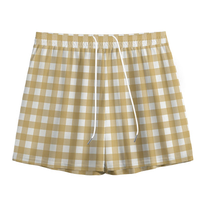 Beige And White Check Pattern Print Mesh Shorts