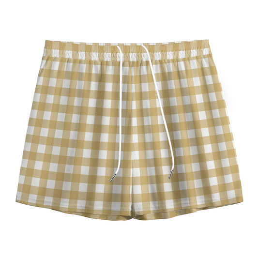 Beige And White Check Pattern Print Mesh Shorts