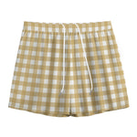 Beige And White Check Pattern Print Mesh Shorts