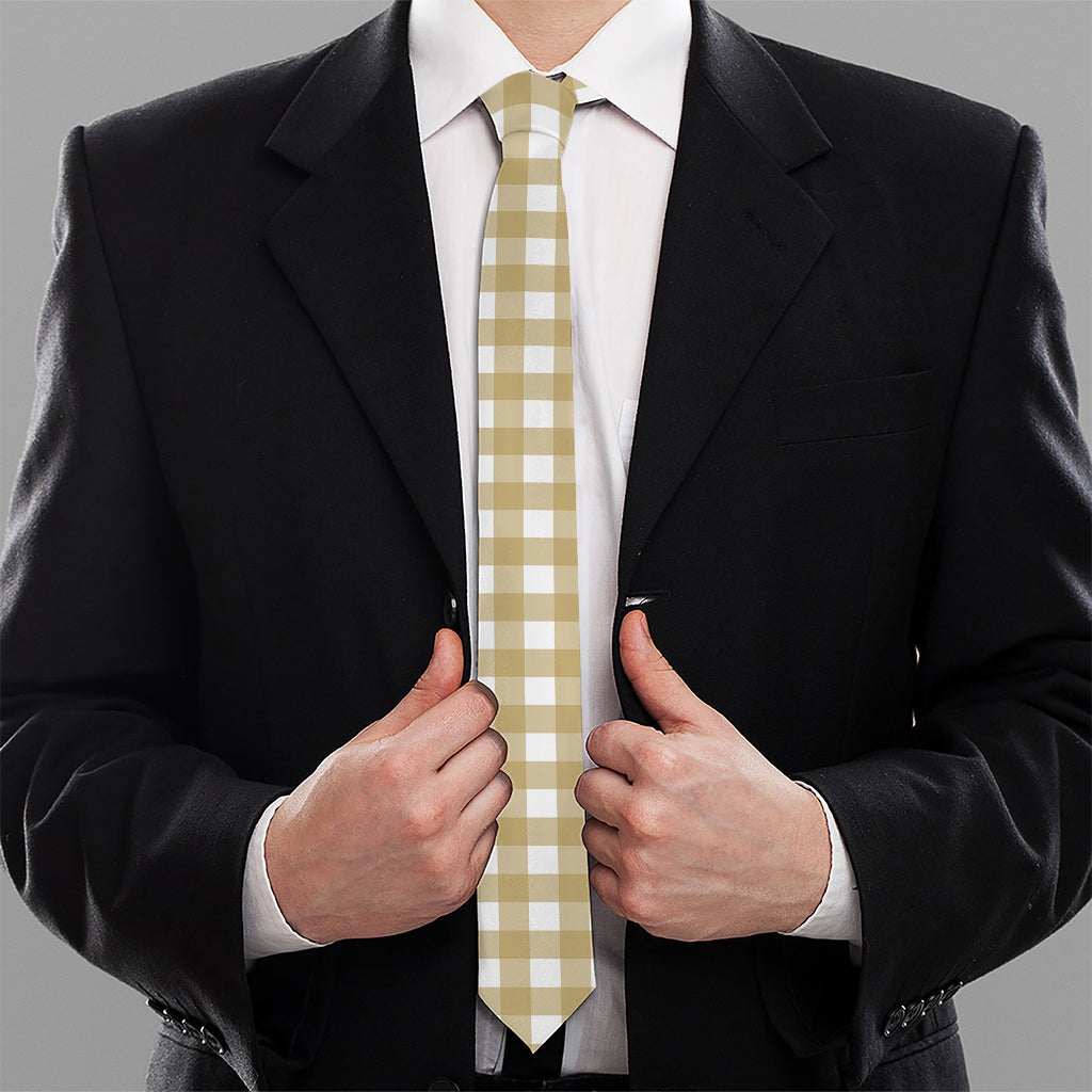 Beige And White Check Pattern Print Necktie