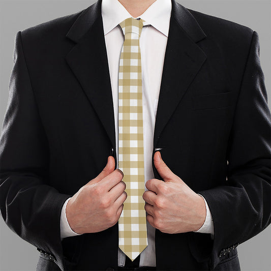 Beige And White Check Pattern Print Necktie