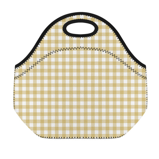 Beige And White Check Pattern Print Neoprene Lunch Bag
