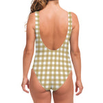 Beige And White Check Pattern Print One Piece Swimsuit