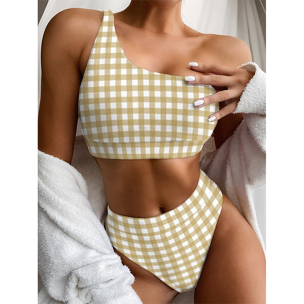 Beige And White Check Pattern Print One Shoulder Bikini Top