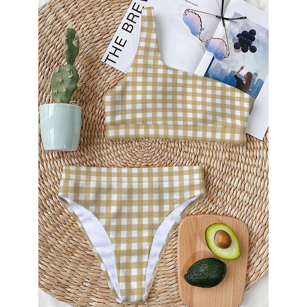 Beige And White Check Pattern Print One Shoulder Bikini Top