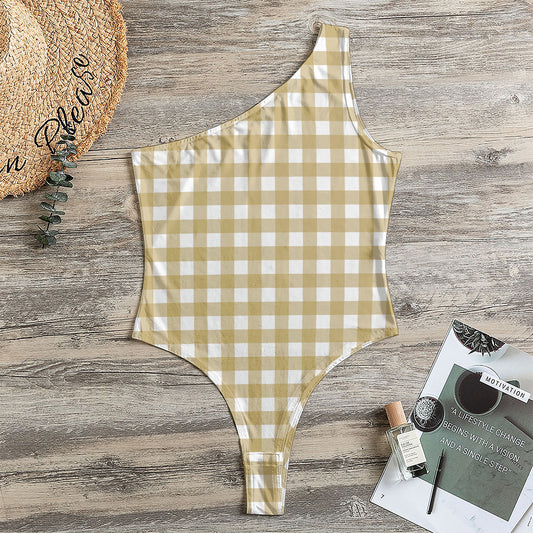Beige And White Check Pattern Print One Shoulder Bodysuit