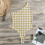 Beige And White Check Pattern Print One Shoulder Bodysuit