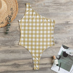 Beige And White Check Pattern Print One Shoulder Bodysuit
