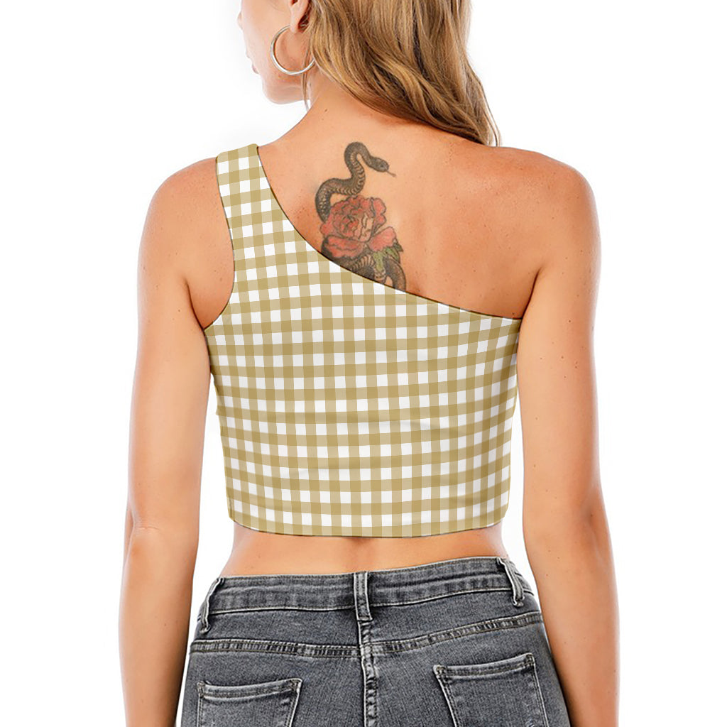 Beige And White Check Pattern Print One Shoulder Crop Top